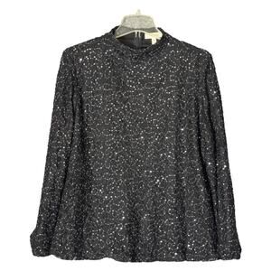Womens Sequin Top Size XL Black Floral Mesh Lace Long Sleeve Whimsigoth Corpcore